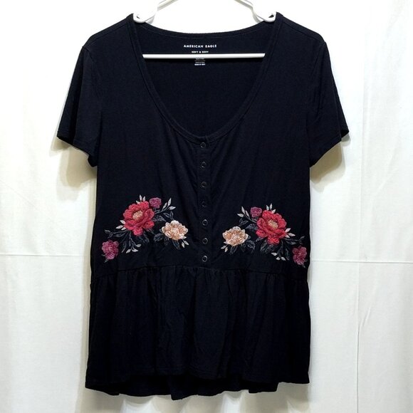 American Eagle Soft & Sexy Embroidered Floral Knit Top Medium Button Front Flowy - Picture 1 of 6